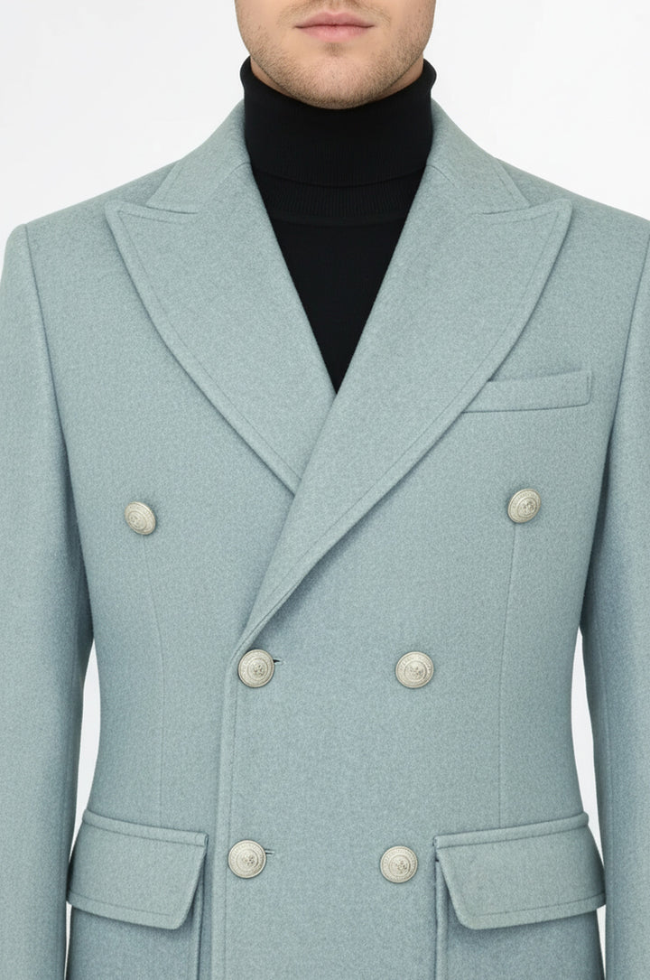 Metal Buttons Wool Cashmere Light Blue Men Double Breasted Coat - Wessi