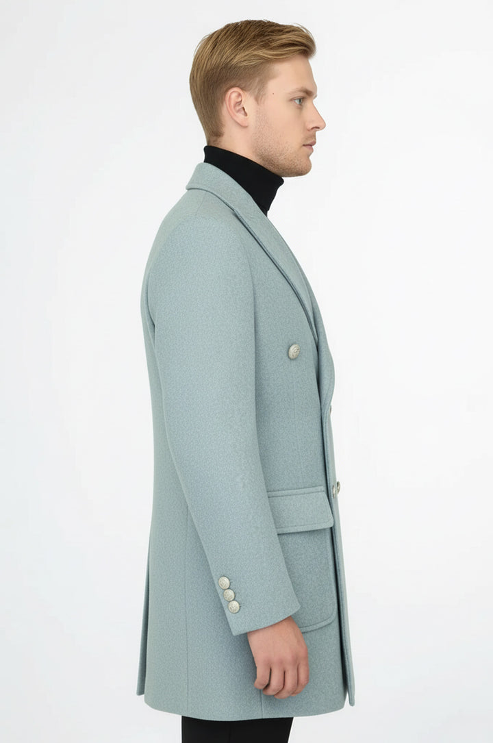 Metal Buttons Wool Cashmere Light Blue Men Double Breasted Coat - Wessi