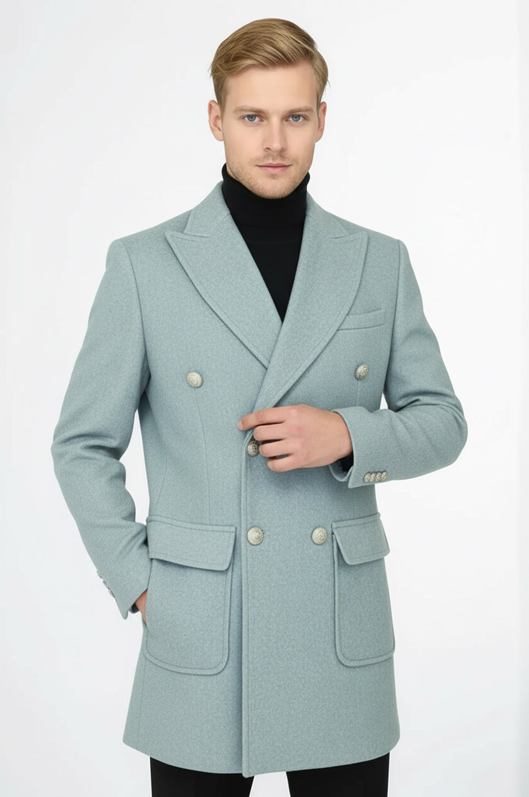 Metal Buttons Wool Cashmere Light Blue Men Double Breasted Coat - Wessi