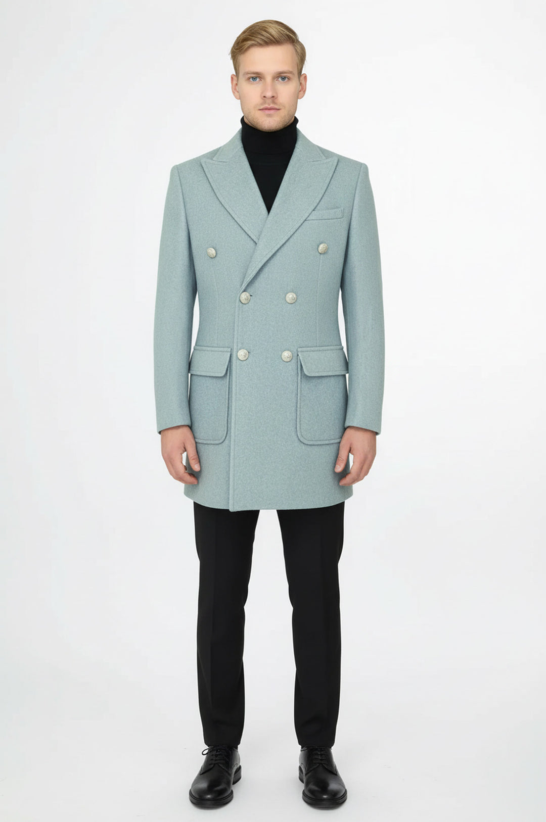 Metal Buttons Wool Cashmere Light Blue Men Double Breasted Coat - Wessi