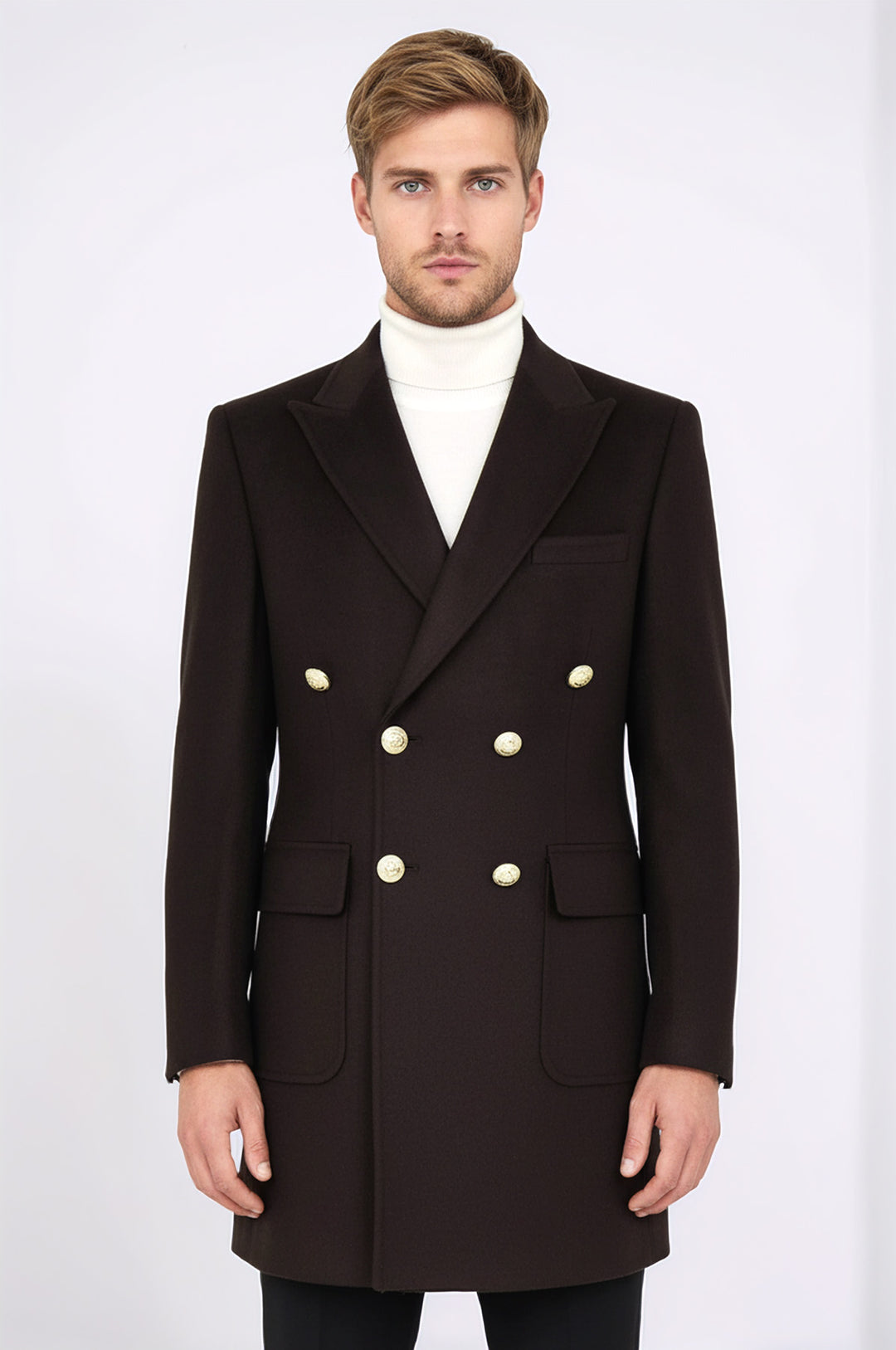 معطف طويل بأزرار معدنية بنية اللون - ويسي