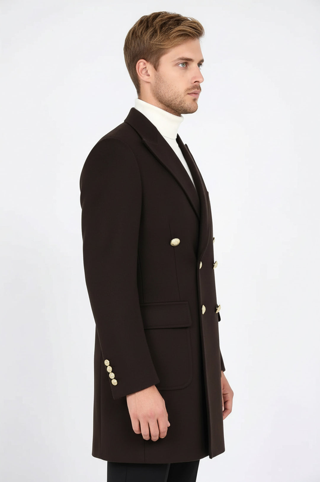 معطف طويل بأزرار معدنية بنية اللون - ويسي