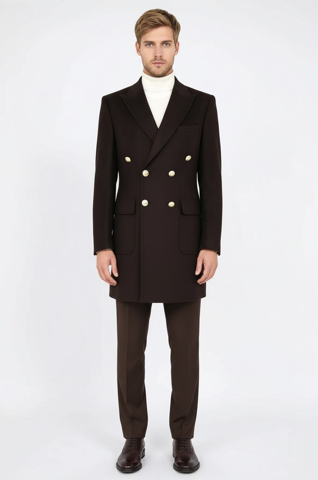 معطف طويل بأزرار معدنية بنية اللون - ويسي