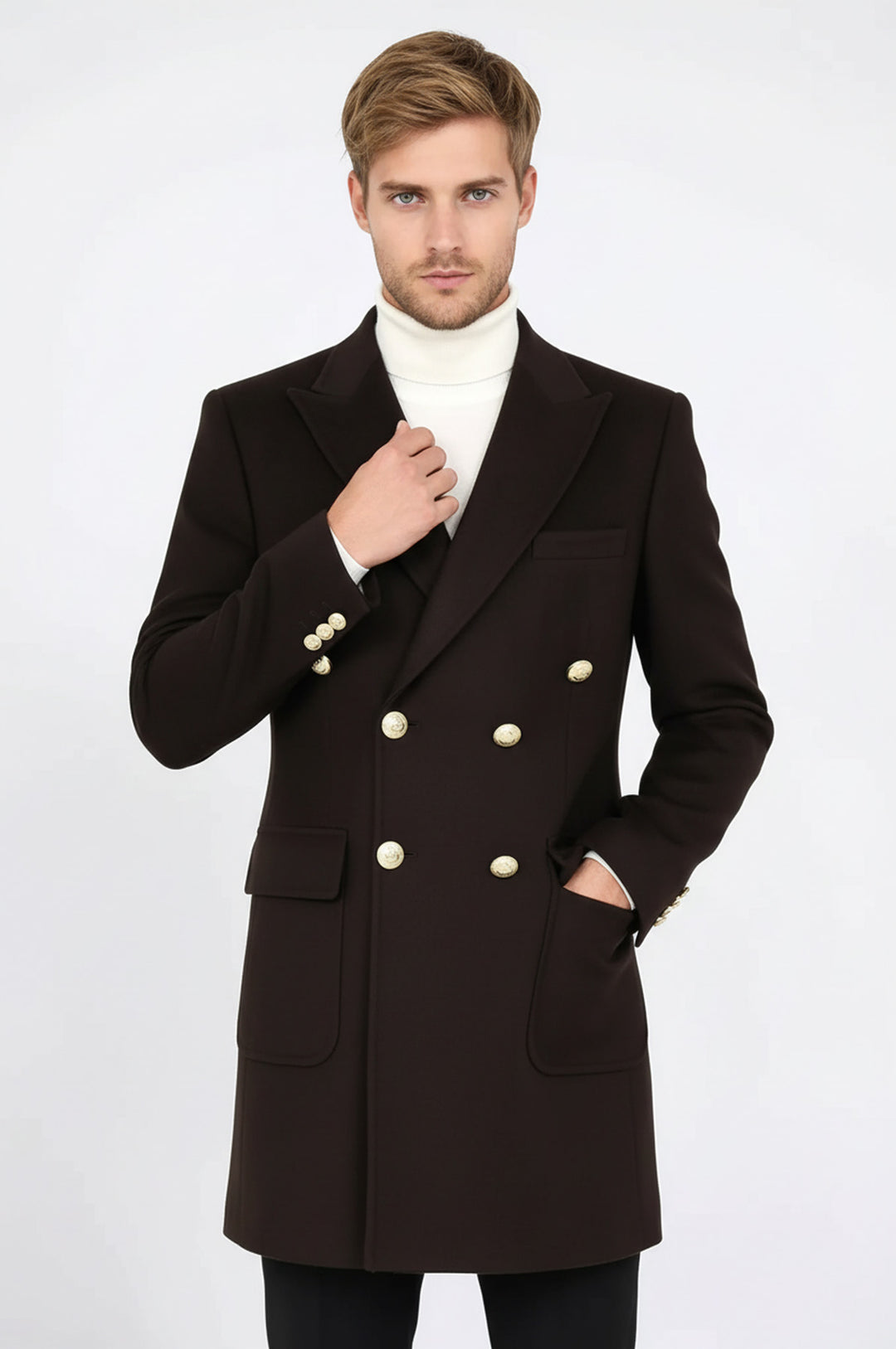 معطف طويل بأزرار معدنية بنية اللون - ويسي