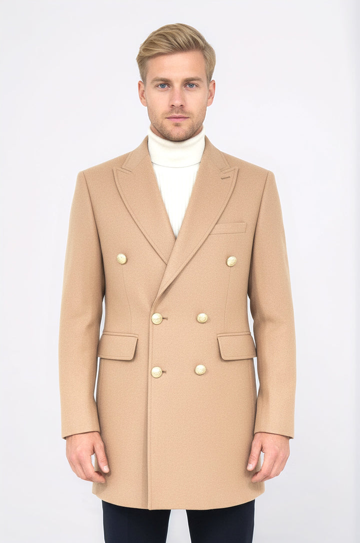 Metal Buttoned Double Breasted Cream Men Coat - Wessi