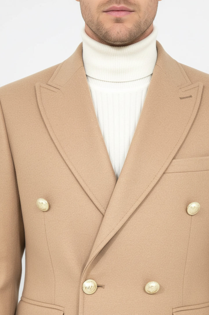 Metal Buttoned Double Breasted Cream Men Coat - Wessi