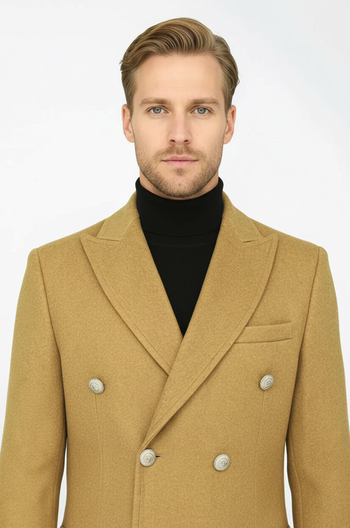 Metal Buttons Wool Cashmere Tan Men Double Breasted Coat - Wessi