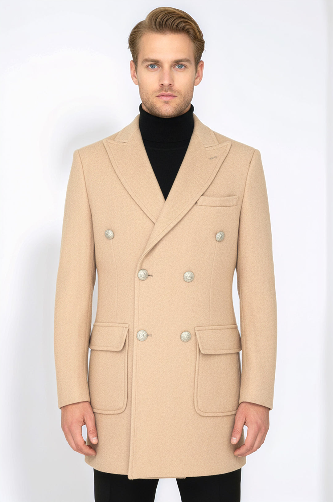 Abrigo cruzado de lana y cachemira color crema con botones de metal para hombre - Wessi