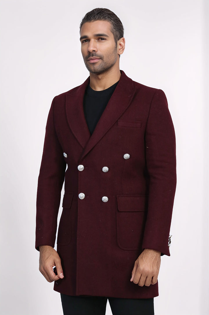 Metal Buttoned Double Breasted Burgundy Men Long Coat - Wessi