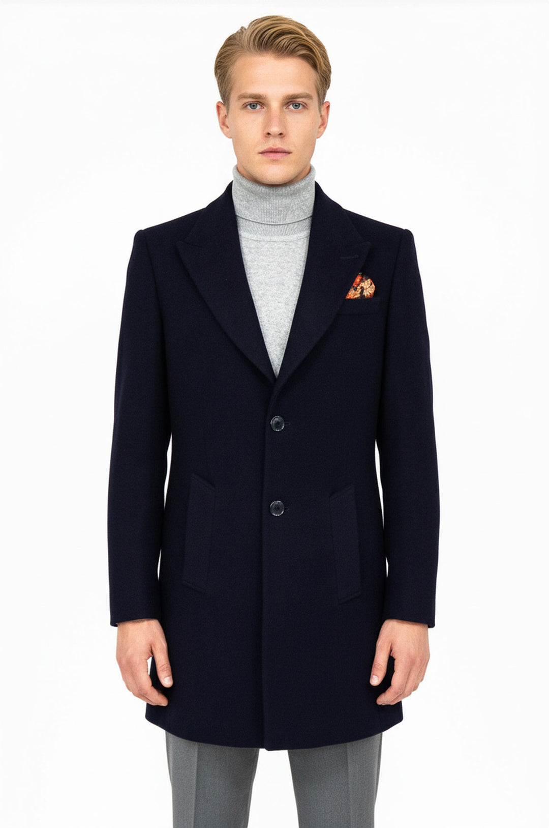 معطف رجالي من الصوف ذو طية صدر السترة باللون الأزرق الداكن - ويسي