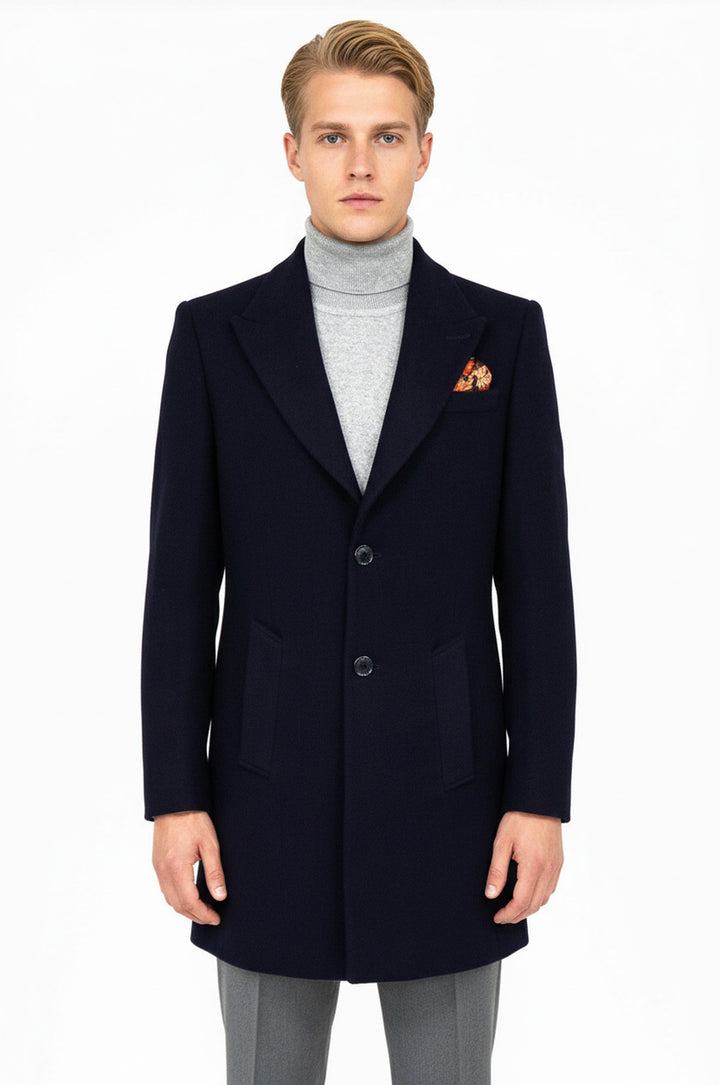 معطف رجالي من الصوف ذو طية صدر السترة باللون الأزرق الداكن - ويسي