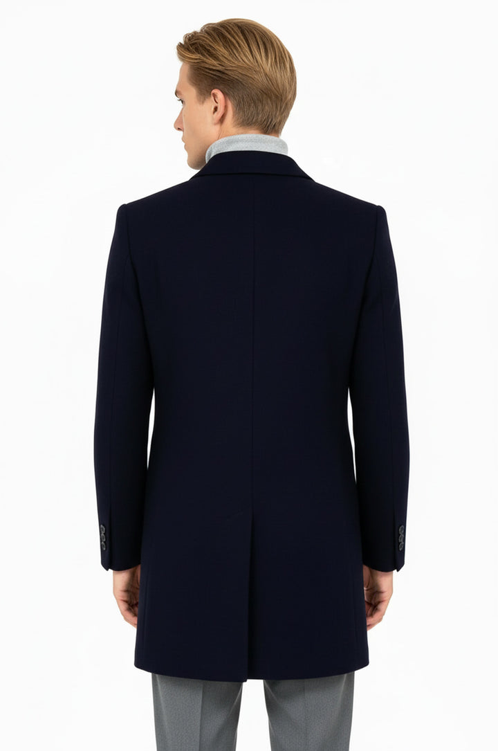معطف رجالي من الصوف ذو طية صدر السترة باللون الأزرق الداكن - ويسي