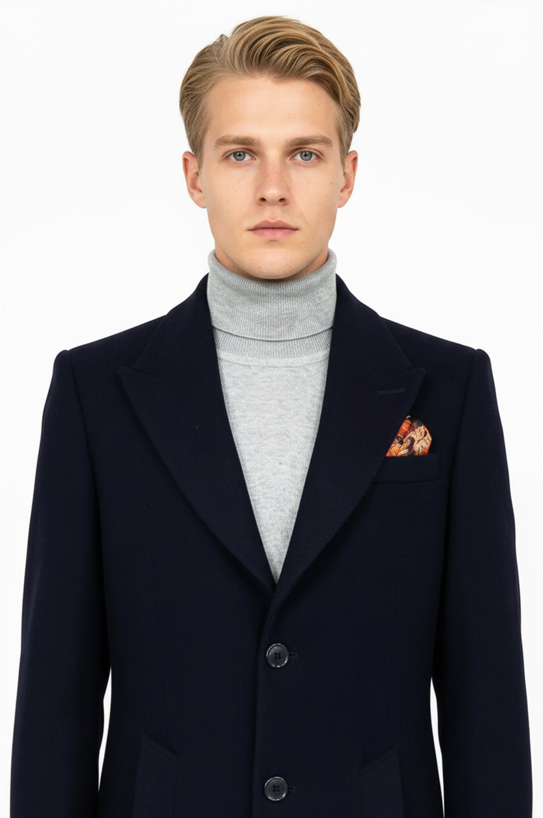 معطف رجالي من الصوف ذو طية صدر السترة باللون الأزرق الداكن - ويسي