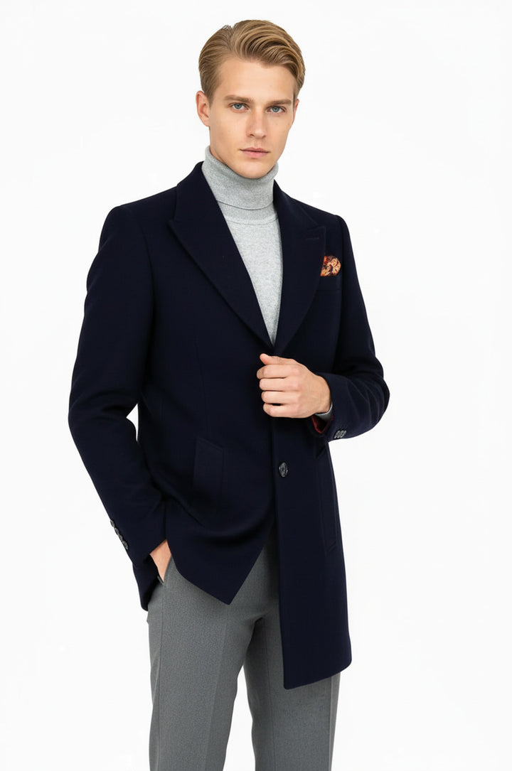 معطف رجالي من الصوف ذو طية صدر السترة باللون الأزرق الداكن - ويسي