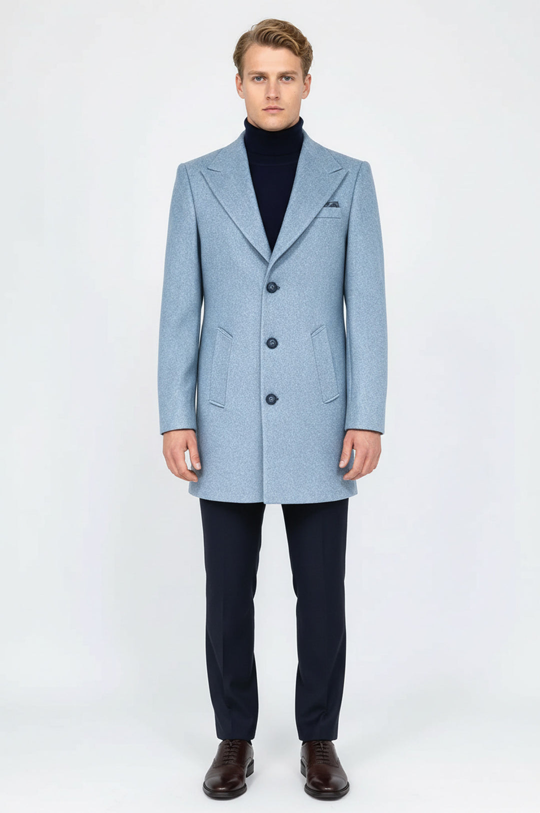 Geniş Yaka Yün Açık Mavi Erkek Ceket - Wessi