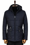 4 Pockets Hooded Zippered Quilted Navy Blue Men Down Coat