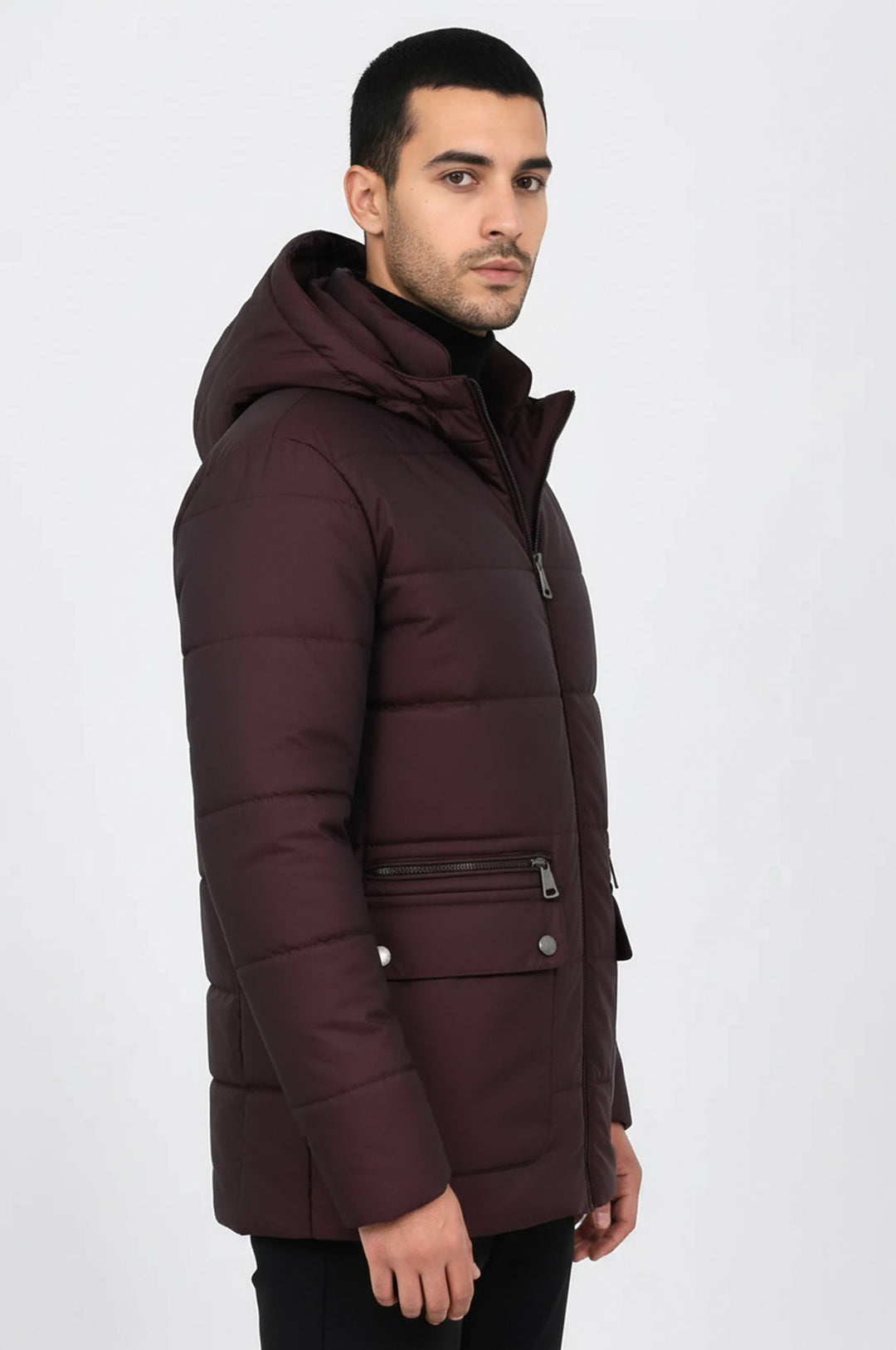 Slim Fit Kapüşonlu Bordo Erkek Kaban - Wessi