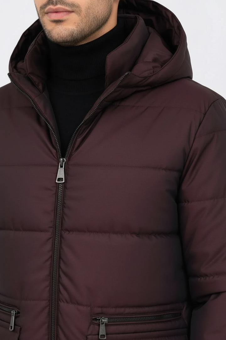 Slim Fit Kapüşonlu Bordo Erkek Kaban - Wessi