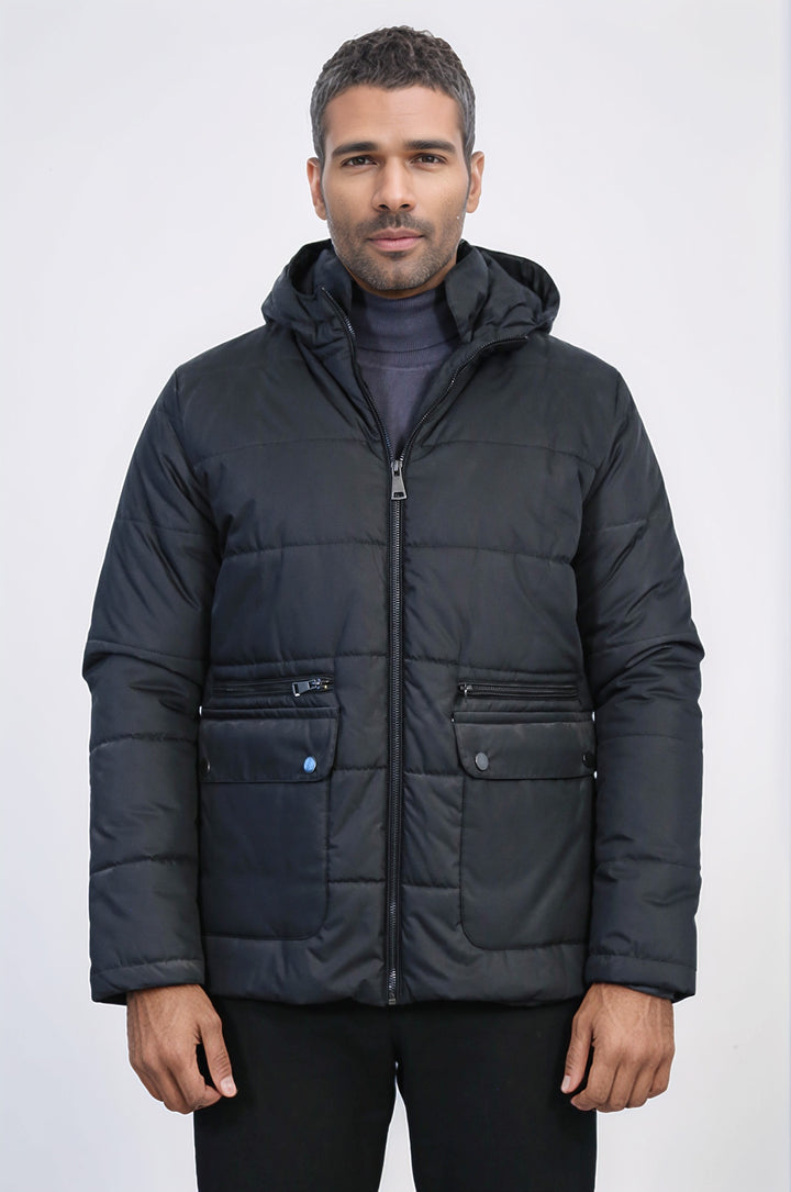 Slim Fit Hooded Black Men Coat - Wessi