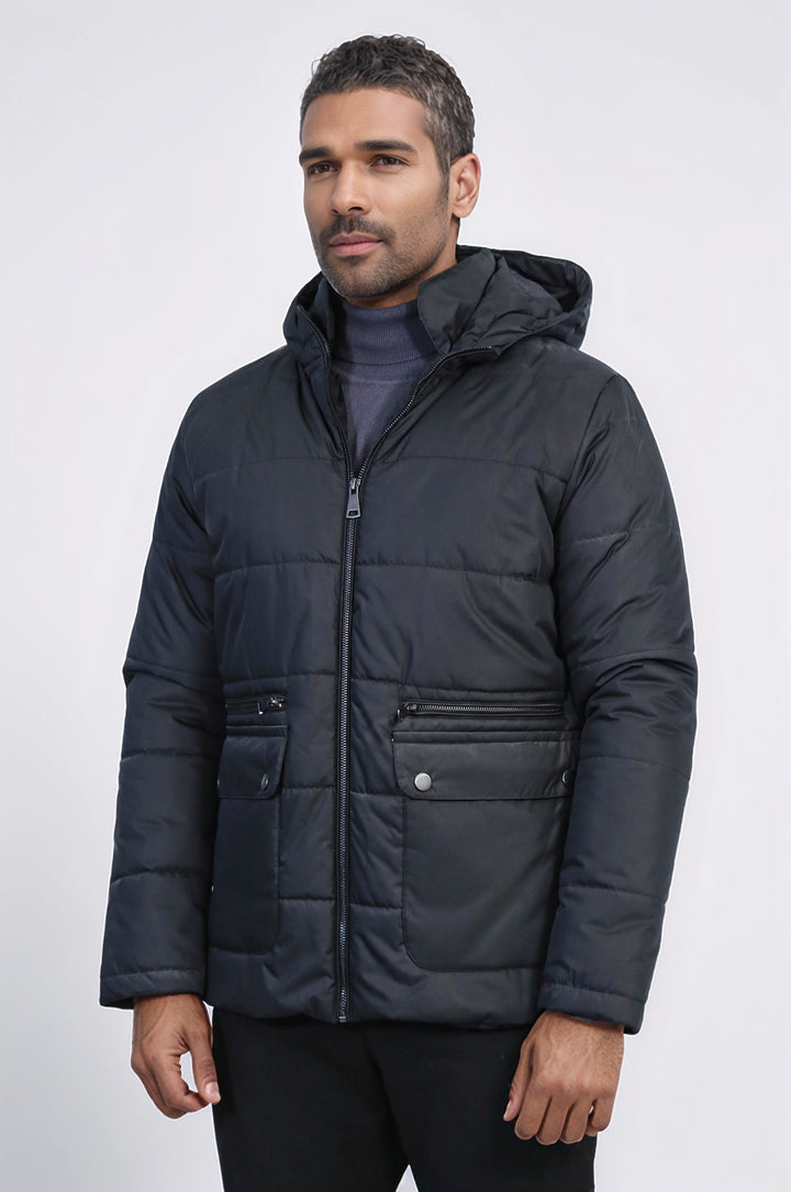 Slim Fit Hooded Black Men Coat - Wessi