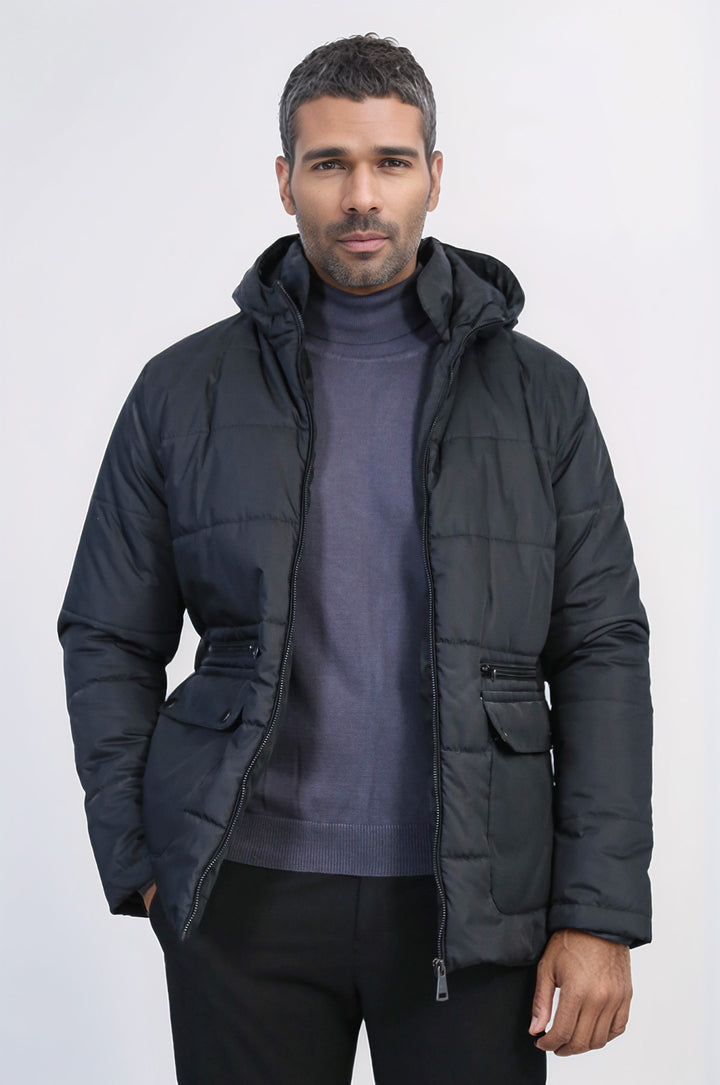 Slim Fit Hooded Black Men Coat - Wessi