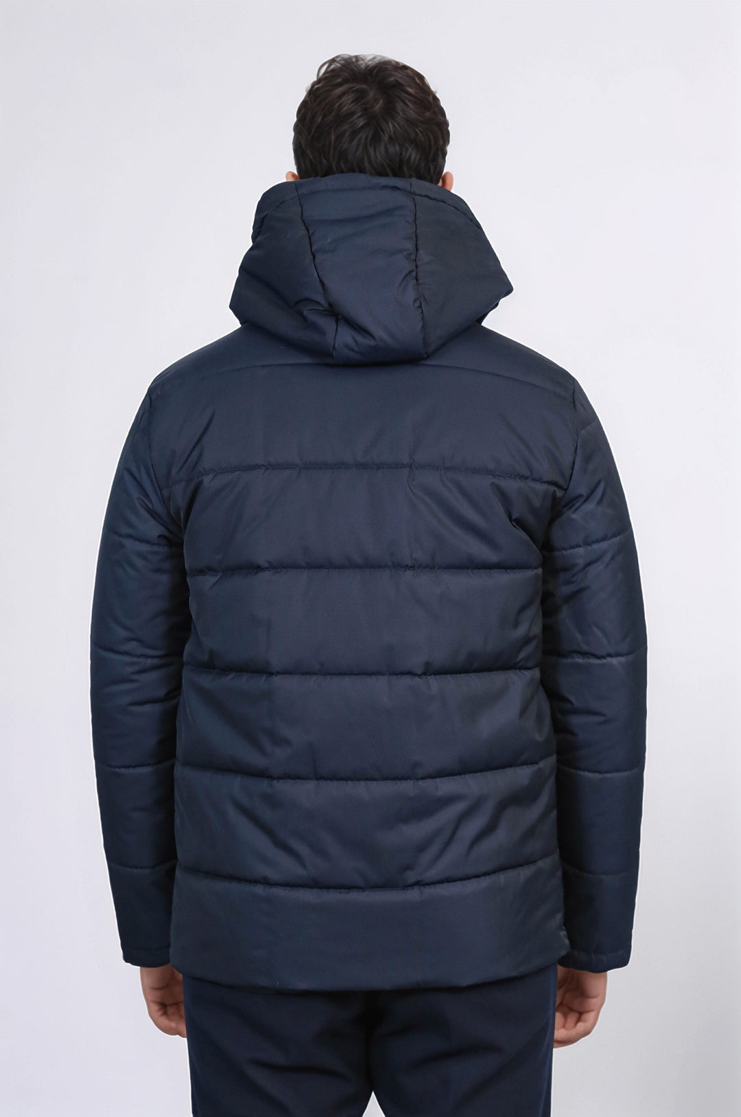 4 Pockets Hooded Zippered Quilted Navy Blue Men Down Coat