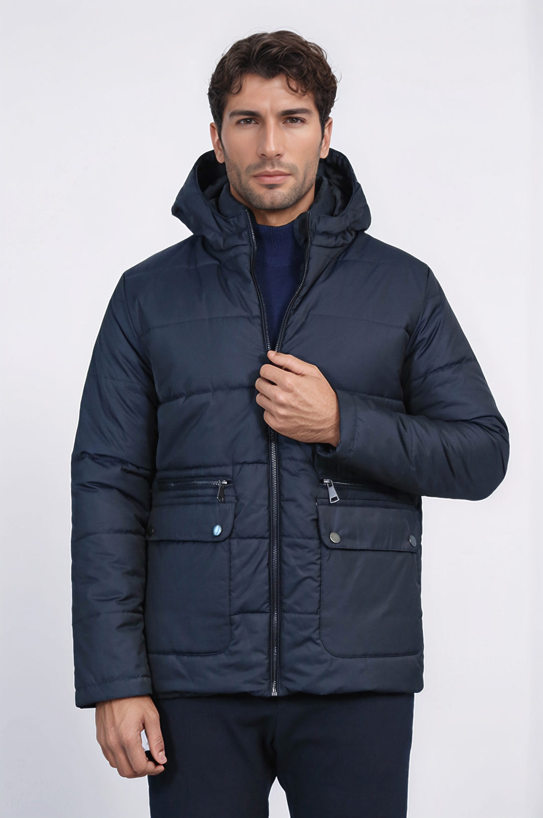 4 Pockets Hooded Zippered Quilted Navy Blue Men Down Coat