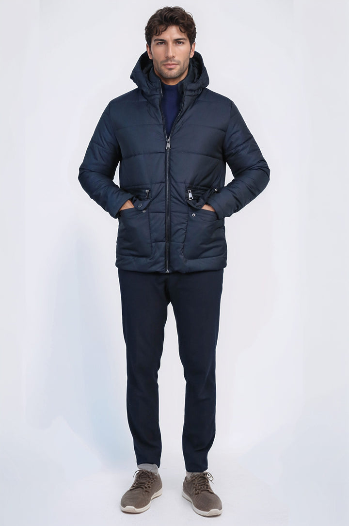 4 Pockets Hooded Zippered Quilted Navy Blue Men Down Coat