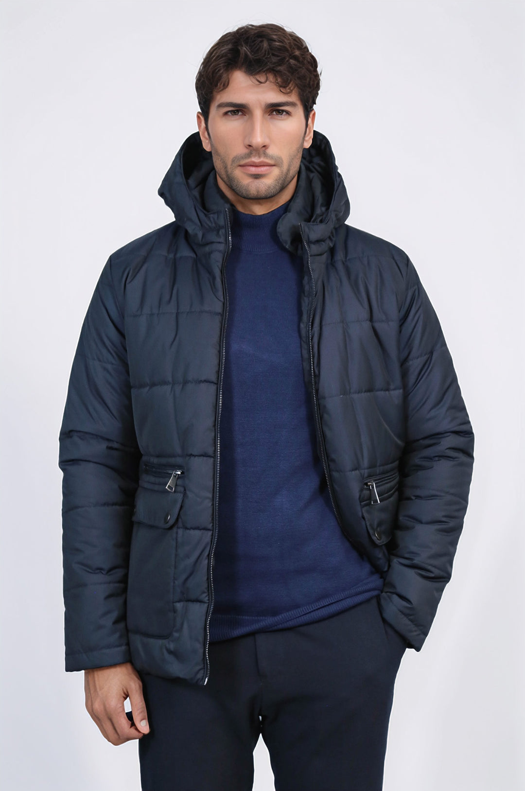 4 Pockets Hooded Zippered Quilted Navy Blue Men Down Coat