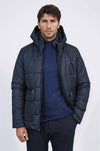 4 Pockets Hooded Zippered Quilted Navy Blue Men Down Coat