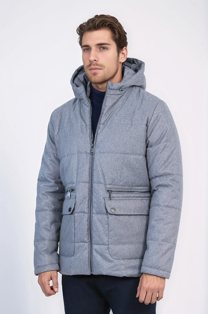 Slim Fit Hooded Grey Men Coat - Wessi