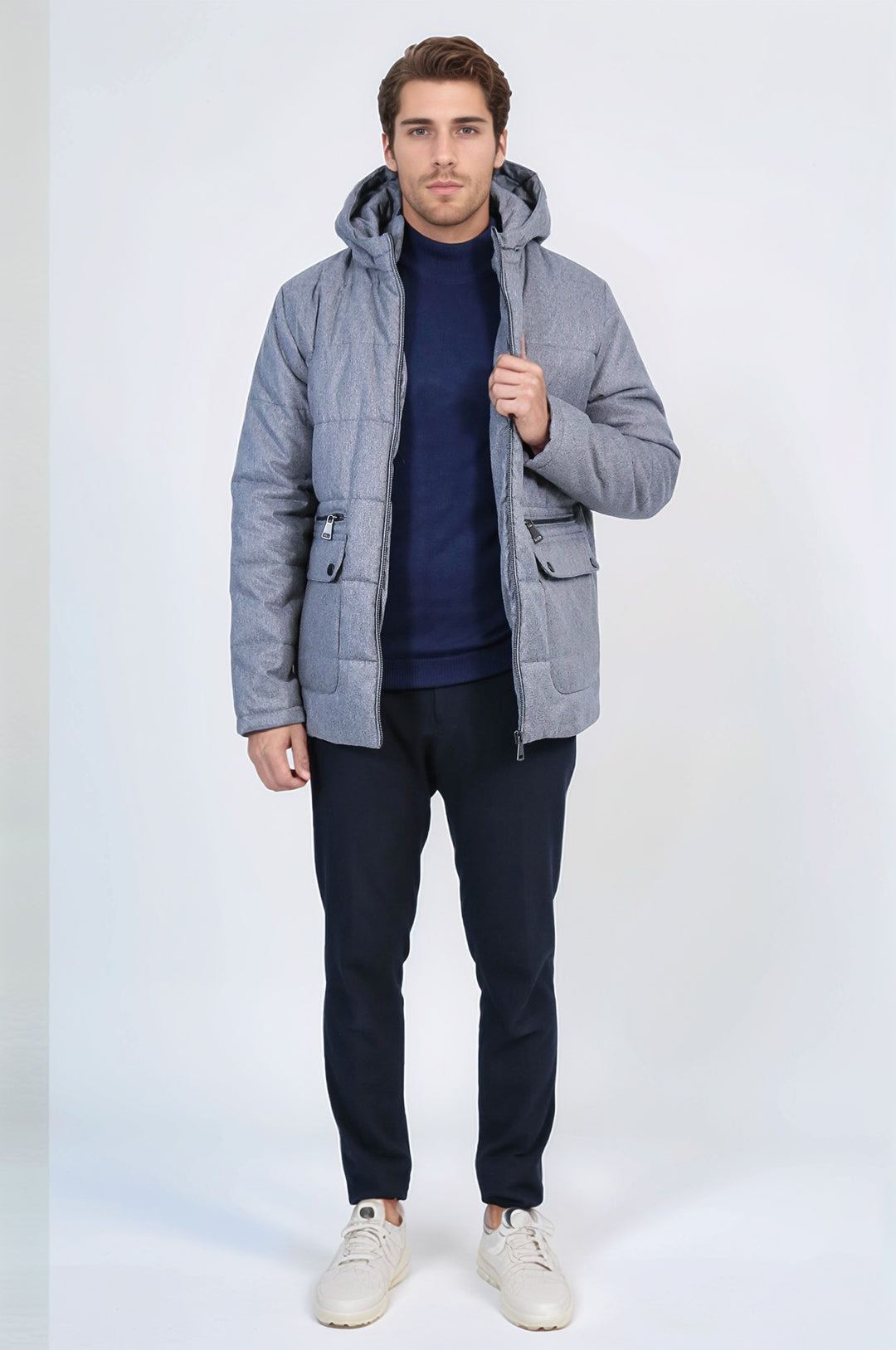 Slim Fit Hooded Grey Men Coat - Wessi