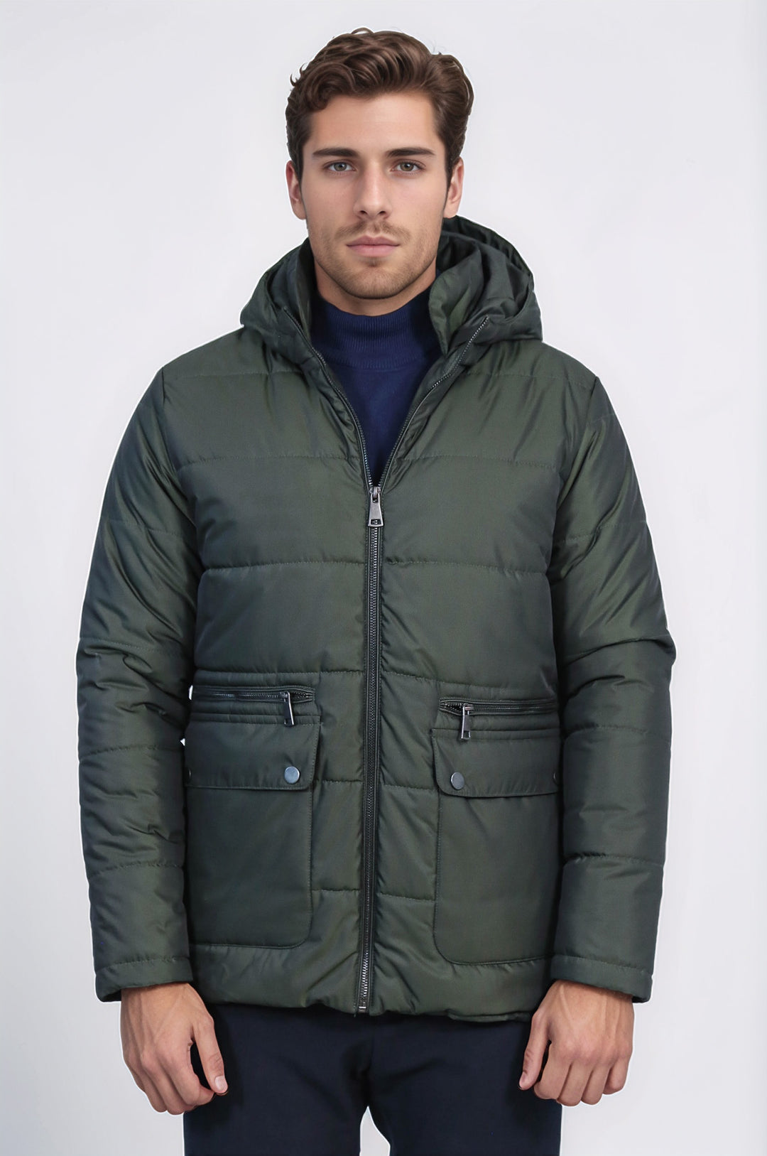 Slim Fit Hooded Green Men Coat - Wessi