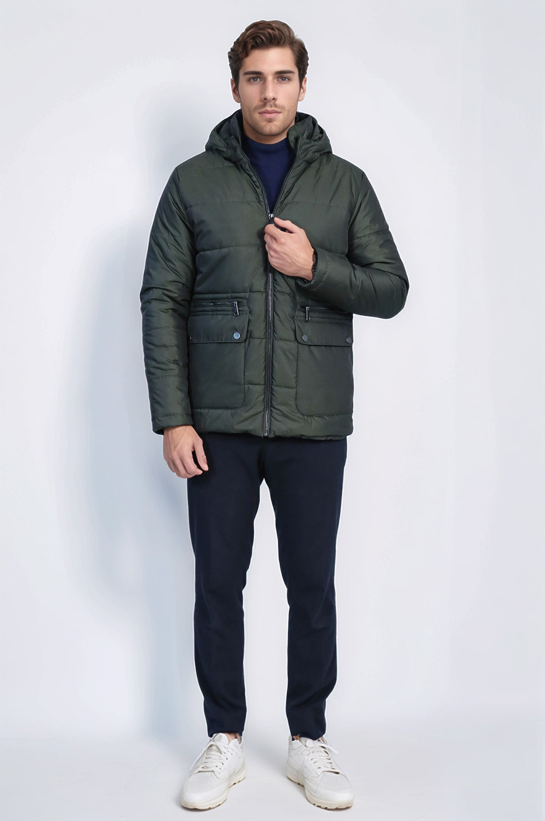 Slim Fit Hooded Green Men Coat - Wessi