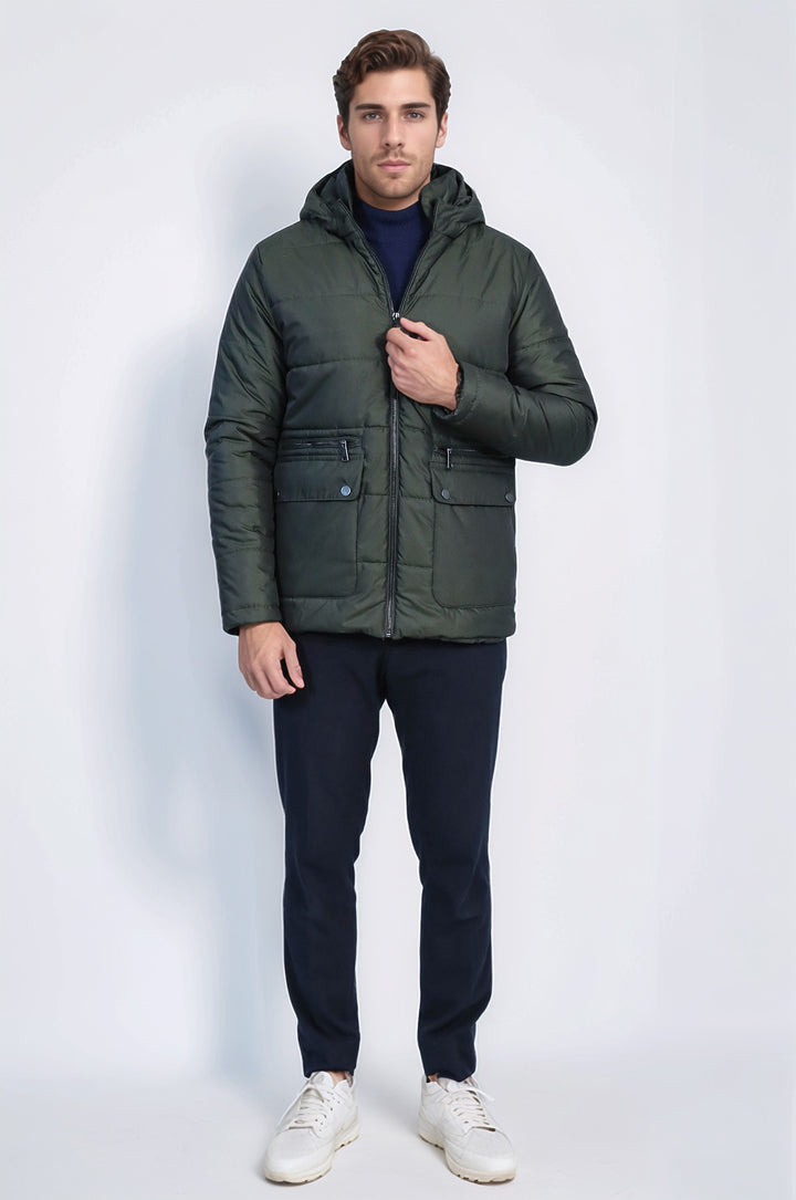 Slim Fit Hooded Green Men Coat - Wessi