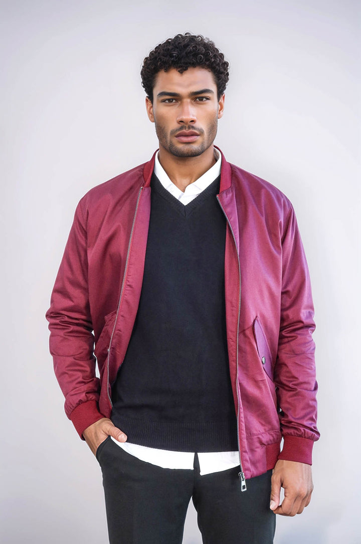 Chaqueta bomber burdeos con cremallera y bolsillos con solapa para hombre - Wessi