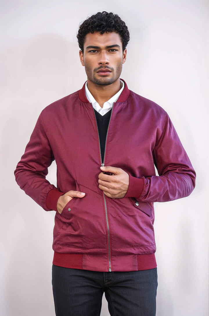 Chaqueta bomber burdeos con cremallera y bolsillos con solapa para hombre - Wessi