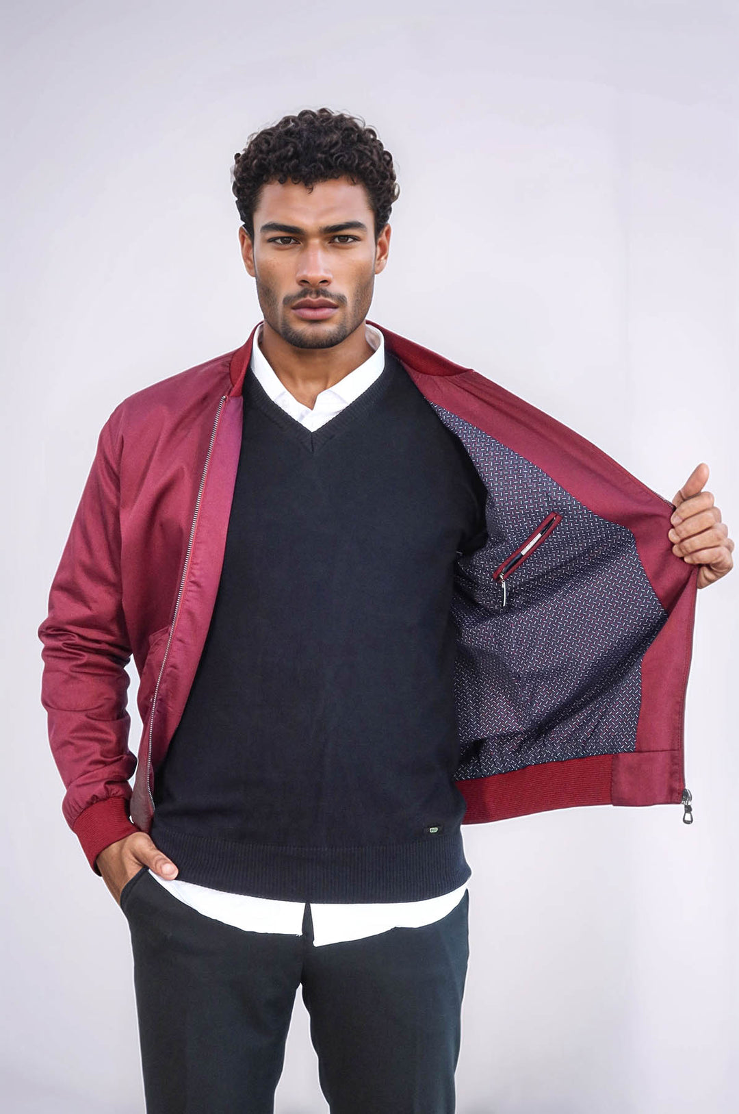 Chaqueta bomber burdeos con cremallera y bolsillos con solapa para hombre - Wessi