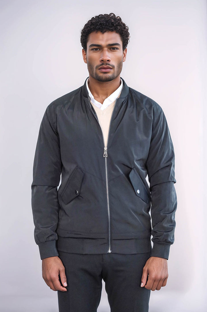 Chaqueta bomber negra con cremallera y bolsillos con solapa para hombre - Wessi