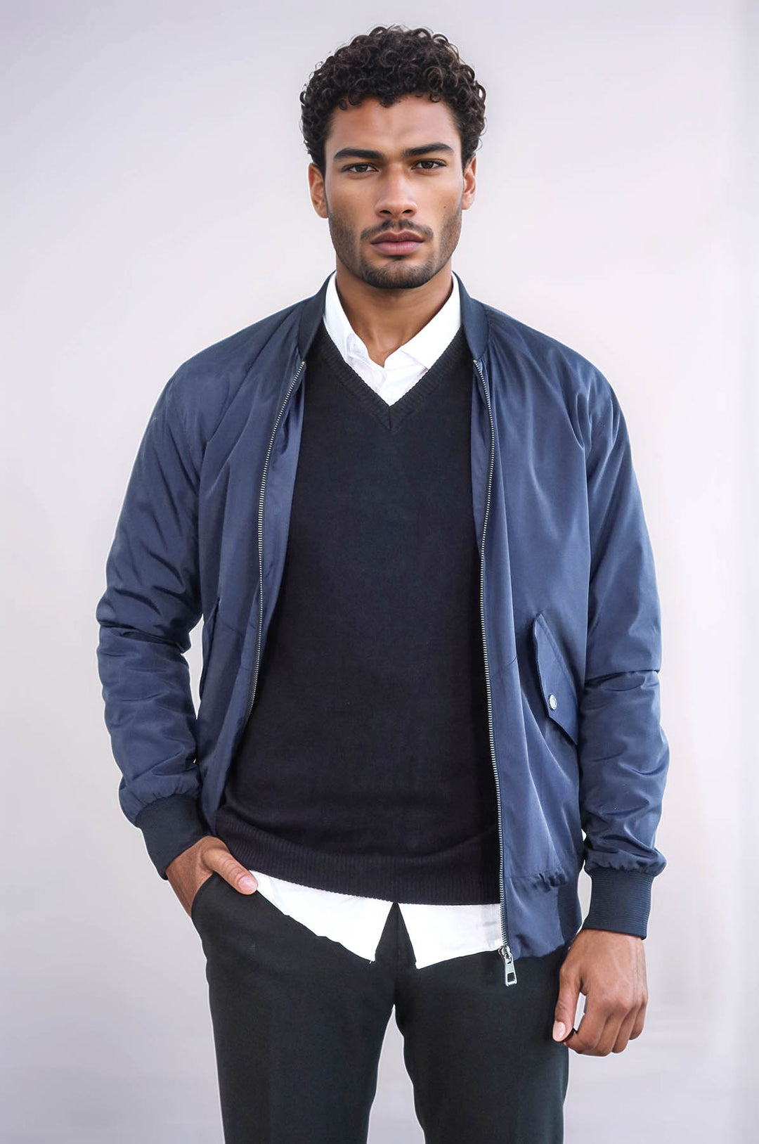 Chaqueta bomber azul con cremallera y bolsillos con solapa para hombre - Wessi