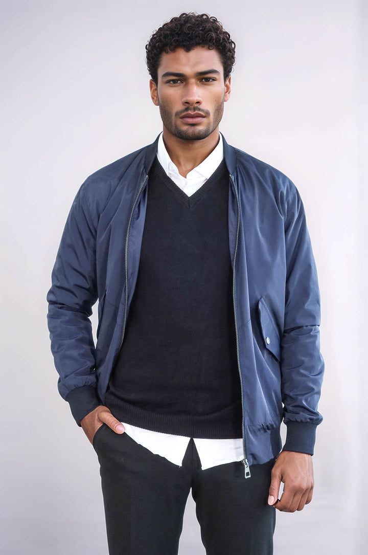 Chaqueta bomber azul con cremallera y bolsillos con solapa para hombre - Wessi
