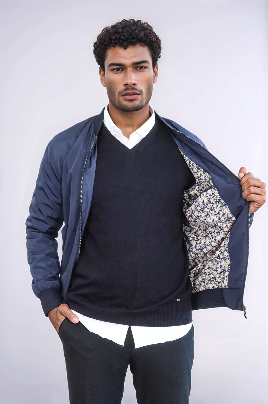 Chaqueta bomber azul con cremallera y bolsillos con solapa para hombre - Wessi