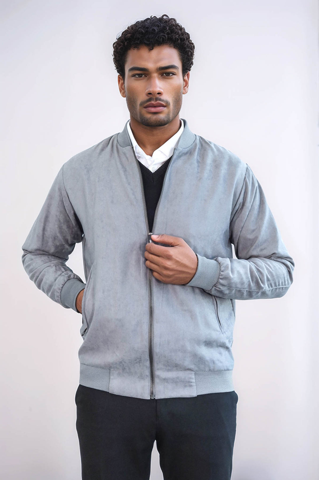 Cazadora bomber gris con bolsillos y cremallera para hombre - Wessi