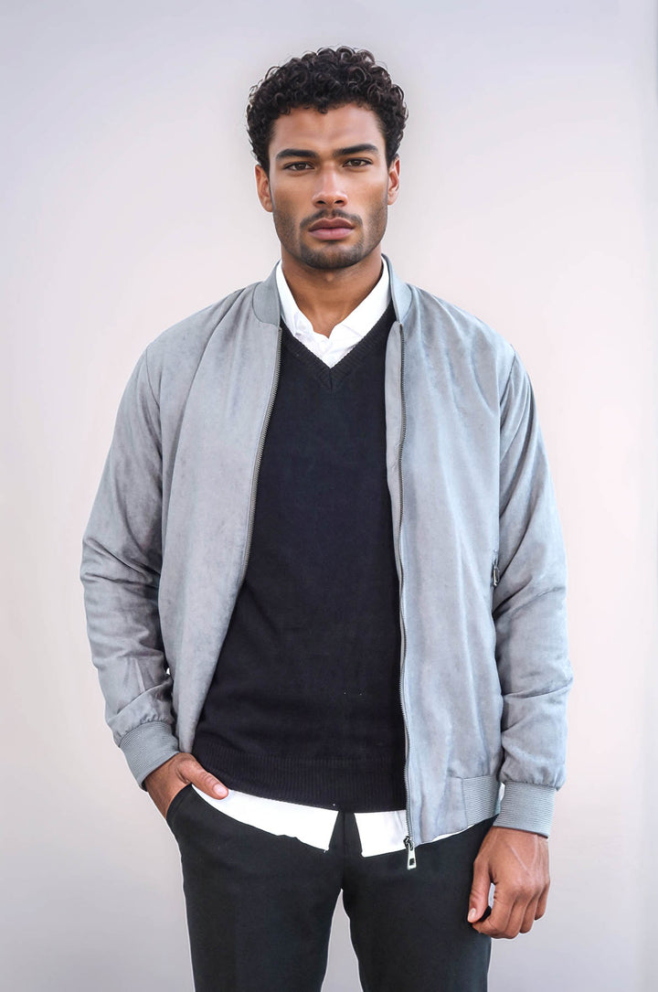 Cazadora bomber gris con bolsillos y cremallera para hombre - Wessi