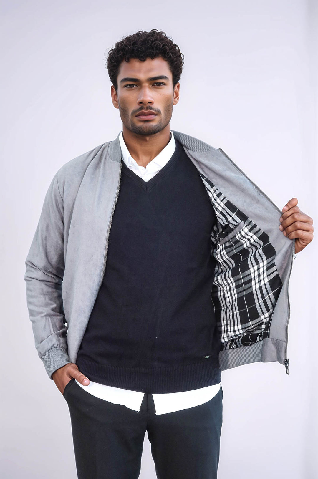 Cazadora bomber gris con bolsillos y cremallera para hombre - Wessi