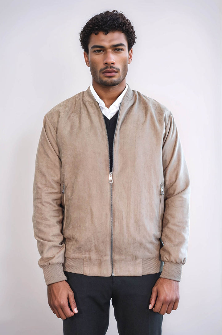 Plain Zippered Pockets Cream Men Bomber Coat - Wessi