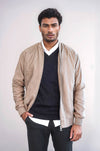 Plain Zippered Pockets Cream Men Bomber Coat - Wessi