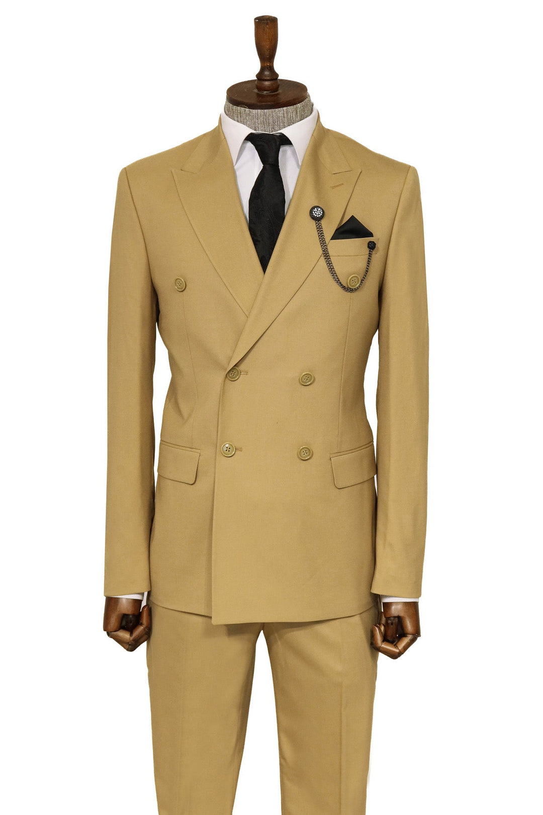 Wide Peak Collar Slim Fit Cream Men Double-Breasted Suit - Wessi