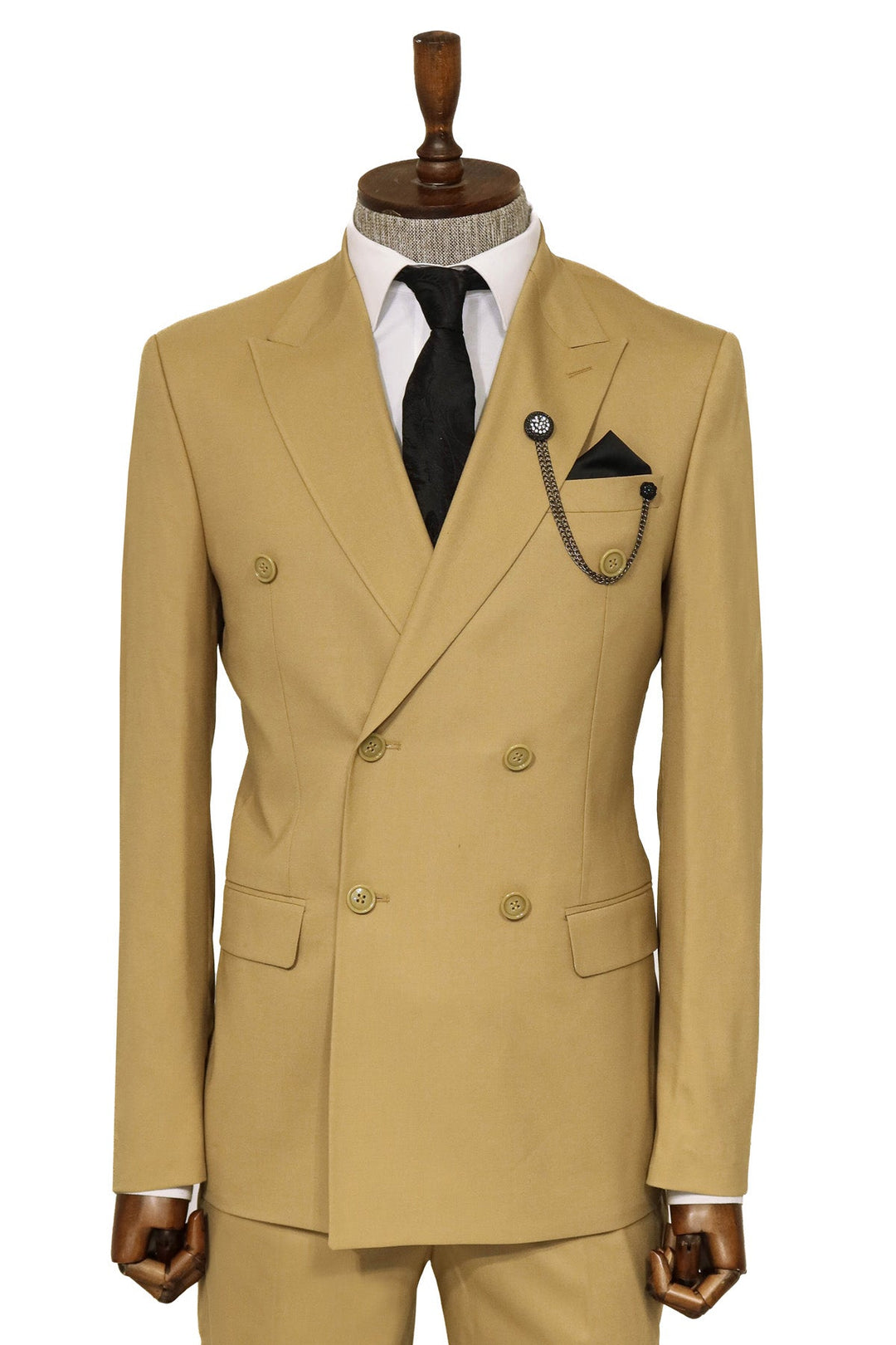 Wide Peak Collar Slim Fit Cream Men Double-Breasted Suit - Wessi