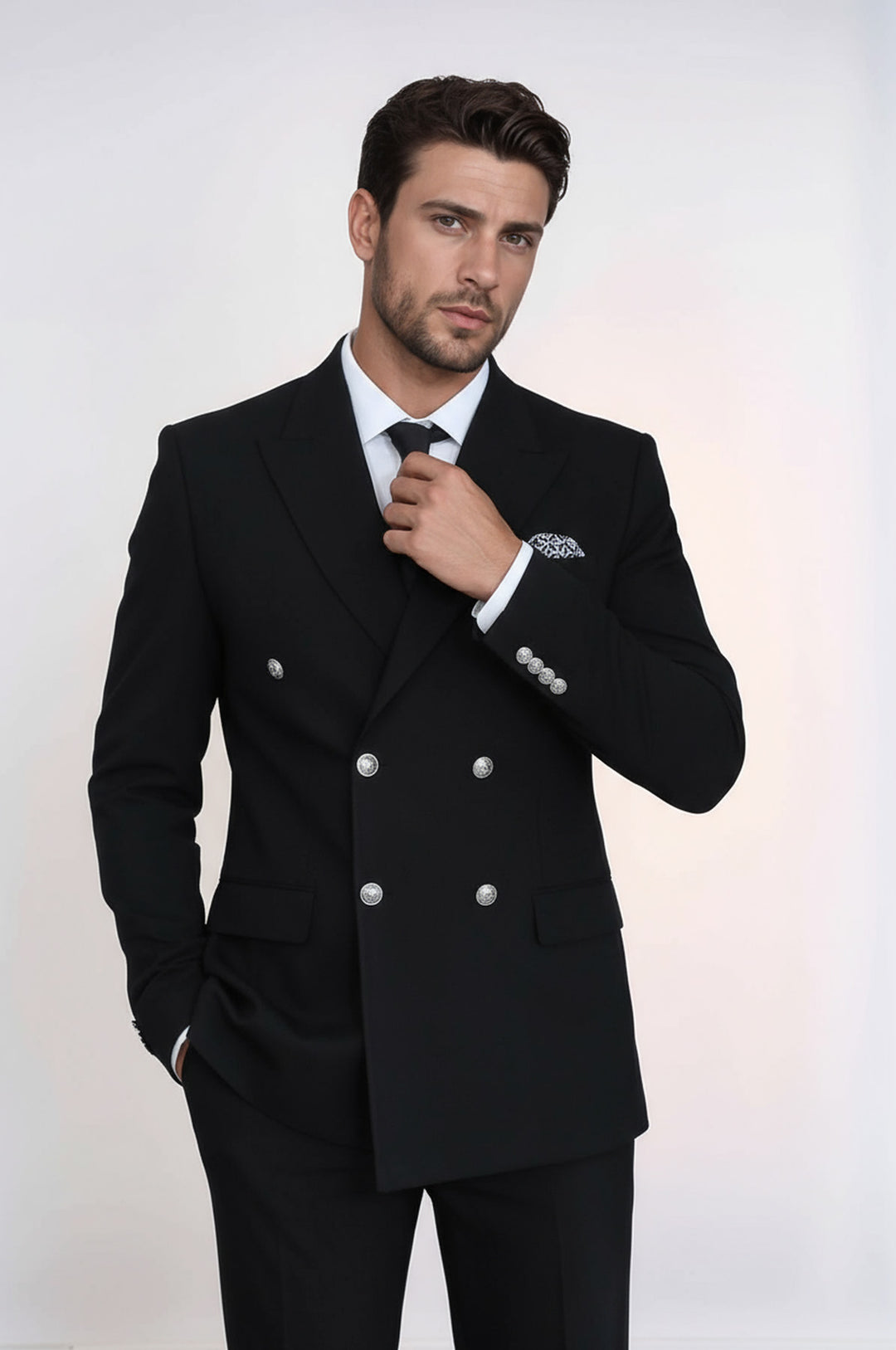 Slim Fit Double-Breasted Black Men’s Suit with Silver-Tone Metal Buttons – Wessi